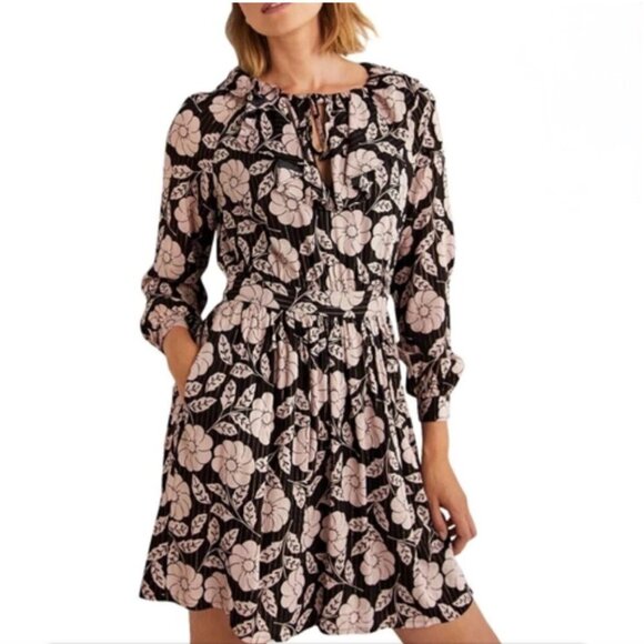 Boden Black Gold Metallic Floral Notch Neck Ruffle Long Sleeve Dress sz 8 - Picture 1 of 6